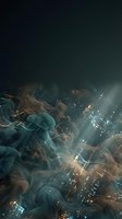 Ethereal jellyfish floating above illuminated cityscape at night with bioluminescent glow and light rays piercing through water, surreal underwater fantasy scene.