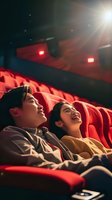 Young Asian couple enjoying movie in theater with red seats, laughing together while watching entertainment on big screen in dark cinema hall.
