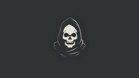 Minimalist skull in dark hood illustration on black background, spooky character design isolated for Halloween decorations and gothic style projects.