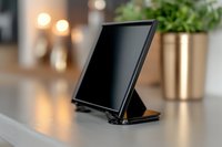 Modern tablet device on adjustable stand against blurred background with decorative plant and warm lighting, suitable for business and lifestyle concepts.