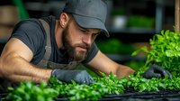 Young bearded Caucasian man in cap and apron carefully tending to fresh green herbs in modern greenhouse. Professional farmer harvesting organic leafy vegetables.