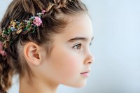 Young woman in profile view wearing delicate floral crown with pink and yellow blooms against light background, natural makeup and soft lighting creates dreamy atmosphere.