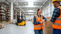 Asian female warehouse worker in safety vest discussing logistics with male colleague in modern distribution center with forklift operations.
