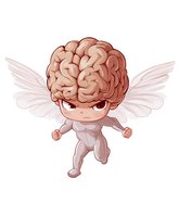 Cute cartoon character with brain head and angel wings wearing white suit, standing in superhero pose on isolated background. For creative design projects.