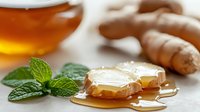 Fresh ginger root with honey dripping from sliced pieces and green mint leaves on white surface, natural healthy ingredients for herbal tea and wellness.