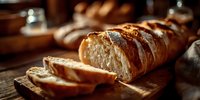 Freshly baked artisan bread loaf sliced on wooden cutting board in warm bakery kitchen setting for culinary and food photography projects.