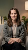 Professional young Caucasian businesswoman in gray blazer sitting confidently in modern office interior with warm lighting and plants in background.