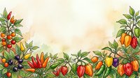 Colorful peppers and flowering plants with green foliage arranged as a decorative border on cream background, isolated for design use.