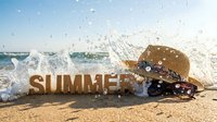 Sandy beach scene with SUMMER letters, straw hat, and sunglasses hit by ocean waves, evoking vacation vibes for travel and seasonal designs.