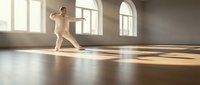 Male dancer in beige attire performing classical ballet pose in sunlit studio with wooden floor and arched windows, suitable for dance instruction and performance content.