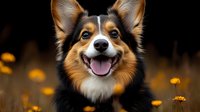 Happy Pembroke Welsh Corgi dog with bright smile and perked ears in yellow wildflower meadow against dark background, showing friendly expression and tricolor coat.
