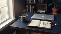 Open notebook with Thank You message on a desk beside a steaming coffee mug and laptop in a cozy home office setting.
