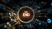 Glowing orange text "The End" in futuristic circular tunnel with digital elements, light streaks and bokeh effects on dark background. Dynamic sci-fi composition.