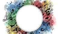 Colorful musical frame with swirls, notes and instruments creating decorative border around white circle for text or logo design projects.