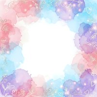 Watercolor floral frame with pastel pink purple blue gradient background and delicate botanical elements for wedding invitations and romantic designs.