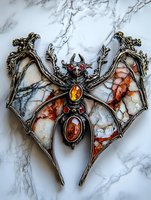Ornate gothic bat brooch with amber and red crystals on marble background, vintage style jewelry design featuring detailed metalwork wings and mystical elements.