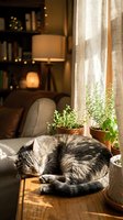 Gray tabby cat sleeping curled up on a wooden table by a sunny window with potted herbs, cozy living room interior in warm light.