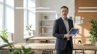 Middle-aged Caucasian businessman in suit holding solar panel in modern office with plants and natural lighting promoting renewable energy solutions.