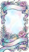 Watercolor floral frame with pastel roses, peonies, and ribbon banners, soft purple and pink tones, blank center for text or design use.