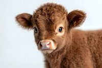 Adorable brown Highland calf with big blue eyes and fluffy fur looking directly at camera against white background, close-up portrait showing sweet expression.