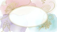 Elegant oval frame with golden floral decorations on pastel watercolor background. Champagne glasses and ornate swirls create festive border for invitations and cards.