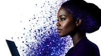 Young African American woman in purple attire viewing digital tablet, profile view with creative particle dispersion effect transforming her hair into cosmic dust pattern.