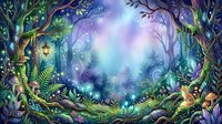 Enchanted forest clearing with glowing magical lights, mystical atmosphere, and lush vegetation creating a fantasy woodland scene for fantasy art, game design, and digital illustration projects.