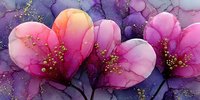 Watercolor cherry blossom flowers in pink and purple hues with golden stamens on textured background for spring designs and floral decorations.