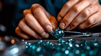 African American hands carefully examining turquoise gemstones on dark surface with selective focus and bokeh lights, jewelry making process in workshop setting.