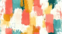 Abstract brushstroke pattern in coral pink, teal blue and golden yellow creates modern artistic background with textured paint strokes on white canvas. Seamless repeat design.