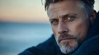 Mature Caucasian man with gray beard and intense gaze looking into distance against blurred ocean sunset background, wearing dark sweater, cinematic portrait lighting.