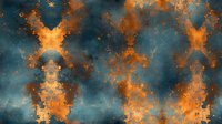 Mystical orange and teal abstract fractal pattern with symmetrical flame-like formations against dark cosmic background creates dramatic atmospheric effect.