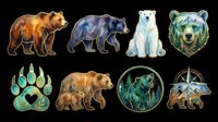 Watercolor bear clipart set with grizzly, black bear, polar bear, cub, paw print and badge designs, isolated on transparent background, for stickers, t-shirts, print on demand.