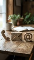 Wooden contact icons phone envelope email symbol on rustic desk with coffee cup and open book in cozy home office workspace for communication concept.