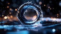 Circular water splash forming dynamic spiral shape with droplets against dark background with golden bokeh lights creating magical atmosphere.