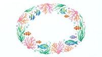 Watercolor underwater oval frame with tropical fish, coral reefs and seaweed on white background. Marine border for invitations and summer designs.