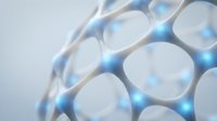 Abstract molecular structure with glowing blue connections between spherical nodes creating futuristic scientific network pattern for technology presentations.