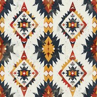 Geometric tribal pattern in southwestern style with diamond shapes in navy blue, rust red and golden yellow on textured white background. Seamless repeat design.