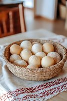 Fresh farm eggs in rustic woven basket on traditional embroidered cloth, soft natural lighting creates warm atmosphere for food photography and cooking concepts.