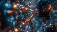 Glowing silhouette of human head with orange and blue particles, representing artificial intelligence, consciousness and digital transformation in modern technology.