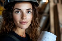 Young female construction engineer in protective helmet holding blueprints at construction site, smiling confidently at camera. Professional workplace portrait.