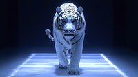 Majestic white tiger walking on illuminated path against dark background, glowing blue light creates mystical atmosphere, front view of powerful predator.
