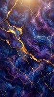 Abstract marble texture with golden lightning veins on deep purple and blue cosmic background for luxury design projects.