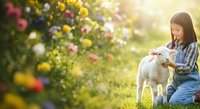Young girl with long dark hair wearing casual denim clothing feeding or petting a white lamb in a vibrant flower garden with colorful blooms, suitable for agricultural, family, and nature-themed projects.
