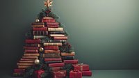 Creative Christmas tree made from stacked vintage books with ornaments, pine branches and star topper against dark green background for holiday decor.