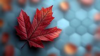 Vibrant red maple leaf with detailed veins and texture against blurred teal background with bokeh lights creates seasonal autumn atmosphere for nature designs.