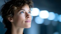 Young woman with tousled brown hair and blue eyes looking up thoughtfully against blurred city lights background at night for lifestyle and inspiration concepts.