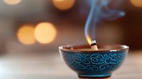 Decorative blue ceramic bowl with burning incense stick and rising smoke against blurred warm bokeh background, creating zen atmosphere for meditation and relaxation.