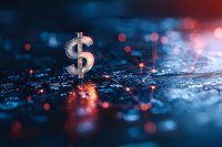 Dollar sign on digital circuit board background with red and blue bokeh lights, representing digital currency and financial technology concept in modern economy.