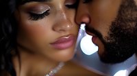 Intimate close up portrait of African American couple in romantic moment with soft bokeh lighting, showing tender emotional connection and gentle expression.